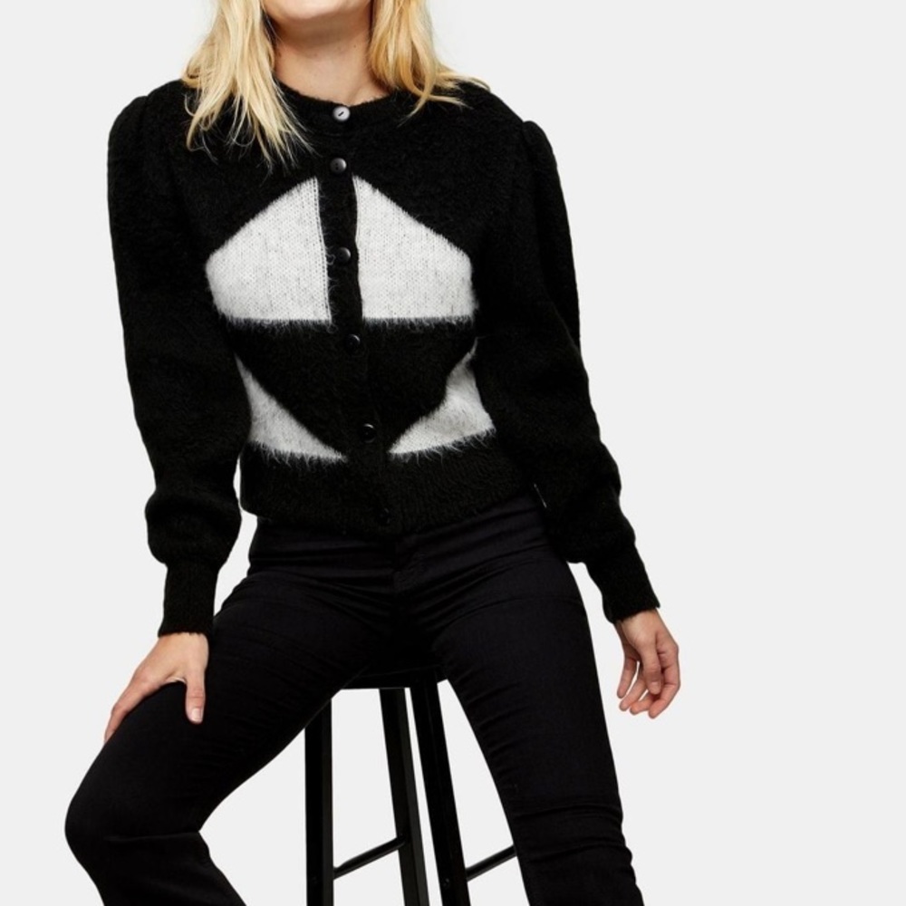 Topshop Brushed Knit Puff Sleeve Geometric Argyle Button Down Cardigan Sweater